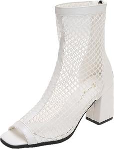 Женские ботильоны SACFOF с открытым носком, сетчатые, на щиколотке, модные, с средним массивным каблуком, летние ботильоны, сандалии на высоком каблуке, гладиаторские ботильоны, White