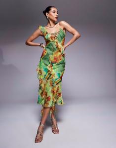 Платье миди ASOS DESIGN с глубоким вырезом, шнуровкой и оборками, абстрактными цветами