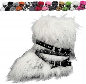 Женские сапоги из искусственного меха с круглым носком, теплые укороченные сапожки, пушистые зимние сапоги Y2K с ремнем и заклепками, платформенные сапоги Generic, White A