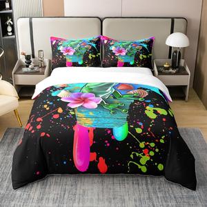 Erosebridal Комплект постельного белья из 100% хлопка с принтом лягушек, радужным тай-даем, розовыми цветами и морскими звездами в детском стиле, Green Pink Black