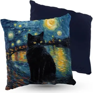 Подушка ПРЕМИУМ велюр 40 х 40 см, Черный кот в звездной ночи, Винсент ван Кот Декоративная подушка с наполнителем для гостиной, спальни или в подарок 5made