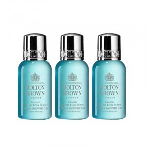 Ароматические гели для душа с успокаивающим очищением Molton Brown, coast pine and sea nutmeg 30ml x 3