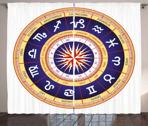 Штора ABAKUHAUS Astrology в деревенском стиле, знак зодиака Рак Дева, присборенная штора для спальни с петлями и крючками, 280 x 175 см, темно-синий желтый Abakuhaus
