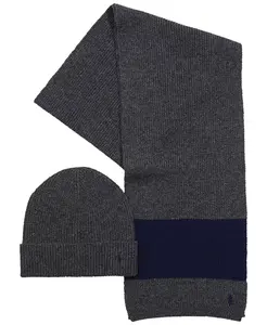 Мужской подарочный набор из двух предметов: шапка и шарф в рубчик Polo Ralph Lauren, серый