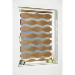 Двойная рулонная штора K-HOME «Волна», светозащита, без сверления, фиксированных размеров, серо-коричневый