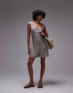 Атласный комбинезон с V-образным вырезом в мелкую коричневую клетку Topshop