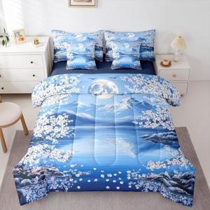 Erosebridal Комплект постельного белья Cherry Blossom в японском стиле с белым цветочным принтом и комфортером, Blue,white