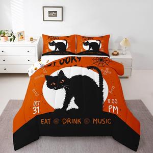 Erosebridal Комплект постельного белья Happy Halloween с принтом черных кошек, паутины и луны в тематике Хэллоуина, Multi 15