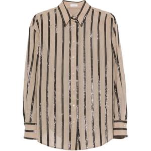 Рубашка с пайетками в полоску Brunello Cucinelli, светло-коричневый
