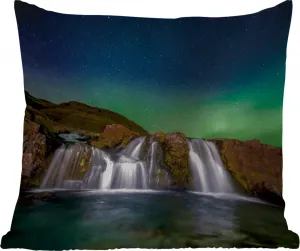 Подушка для улицы - Северное сияние - Водопад - Исландия - Природа - 50x50 см - Водонепроницаемая - Подушка для отдыха - Удобная - Подушка с изображением MuchoWow
