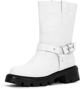 Женские ботильоны на массивном каблуке с круглым носком, средней высоты, с пряжкой и платформой, байкерские Yowmns, White