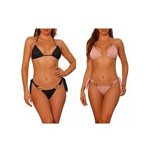 2 комплекта женского бикини с цепочками и фактурной отделкой, треугольный низ с завязками по бокам Inspire Chic, Black Pink