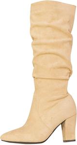 Женские универсальные сапоги с отворотом, стильные с острым носком, из искусственной замши, западного стиля, высокие ботильоны винтажного дизайна с массивным каблуком Ctreela, Beige