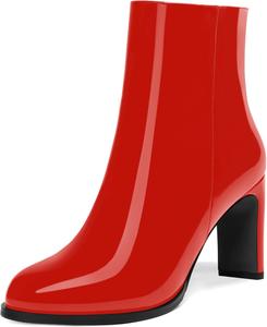 Женские ботильоны с круглым носком из лакированной кожи с молнией, на высоком каблуке 3,3 дюйма DEMOSHINE, Red