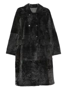 Двубортное пальто из овчины с карманами YVES SALOMON, черный