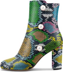 Женские ботильоны Castamere с широким каблуком, круглым носком и высоким каблуком, короткие ботинки с молнией, украшенные бриллиантами и кристаллами, для свадьбы, офиса и стильного наряда, каблук 8,4 см, Green Snake