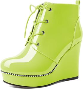 Женские ботильоны Eldof Wedge с круглым носком, шнуровкой и бисером, высокие на каблуке 4 дюйма, из лакированной кожи, Light Green