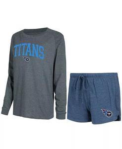 Женский комплект из футболки с длинными рукавами и шорт Tennessee Titans Raglan темно-синего, угольного цвета Concepts Sport, синий