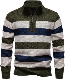 Мужской свитер с воротником стойкой и молнией на четверть, полосатый, цветной блок QUNPIU