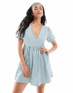 Платье-мини Daisy Street с завязками на талии и рукавами-фонариками в синюю клетку