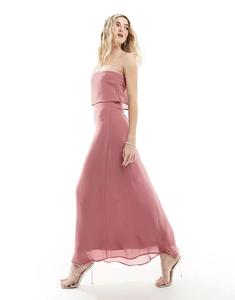 Розовое платье для подружек невесты макси с вырезом-бандо и бретелями Vila Bridesmaid