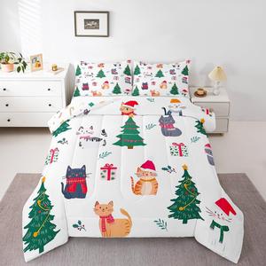Erosebridal Комплект постельного белья Kawaii Little Cat с рождественской тематикой и милыми котятами, Green Grey Red White