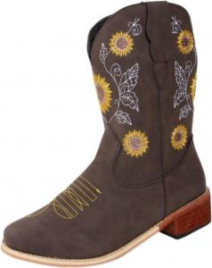 Вестерн ковбойские ботильоны для женщин, средние голени, короткие сапожки с вышивкой, округлый носок, массивный низкий каблук FOBOINED, Coffee-02