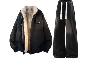 Повседневный спортивный костюм Unisex с лацканами, утолщенный и с флисовой подкладкой X1617, черный fleece-lined knitted fabric coat+черный fleece-lined sweatpants