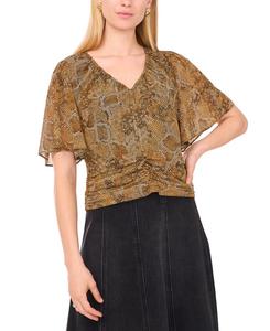 Женская рубашка с V-образным вырезом и сборками, с эффектом развевающихся краев спереди 1STATE, Caramel