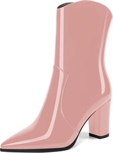 Женские ботильоны MOVINSTEPS в ковбойском стиле с закрытым носком, модные, с боковой молнией, из лакированной кожи, массивный высокий каблук, средняя голень, каблук 3,3 дюйма, Pink