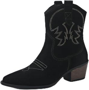 Женские западные ботильоны с вышивкой, остроконечным носком, коротким толстым каблуком, классические ковбойские ботинки до щиколотки Generic, Black