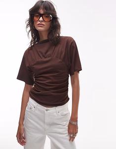 Топ Topshop с короткими рукавами и сборками шоколадно-коричневого цвета