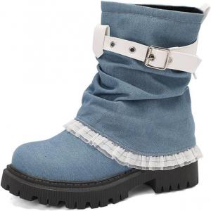 Женские джинсовые ботинки Aflngle на платформе с низким массивным каблуком средней длины, модные ботинки с круглым носком, протекторной подошвой, пряжкой, имитацией двухслойной конструкции, удобные, на подъем, ковбойские ботильоны, Blue