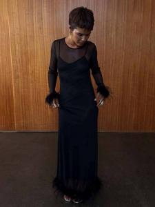 Платье с сетчатой отделкой из перьев Never Fully Dressed, Black