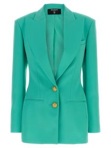Двубортный пиджак с логотипными пуговицами BALMAIN, светло-голубой