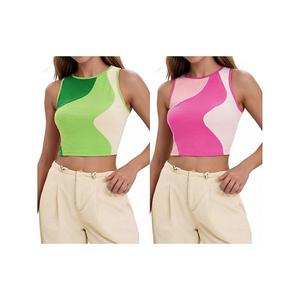 2 упаковки цветных маек-топов для женщин летние ребристые безрукавки кроп-топы базовые топы для выхода Athlechic, Green Pink
