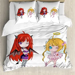 Пододеяльник ABAKUHAUS с аниме-стилем, японские сказки, защита от клещей, подходит для аллергиков, с наволочками, 200 см x 200 см - 80 x 80 см, белый Abakuhaus