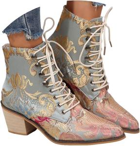 Женские ботильоны Челси с цветочной вышивкой на среднем толстом каблуке, ковбойские ботинки на шнуровке из кожи Kldyj, Blue