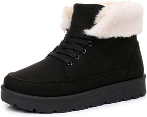 Зимние ботинки с меховой подкладкой для женщин и мужчин, теплые, на шнуровке, замшевые, на платформе, удобные, милые, противоскользящие, на плоской подошве, термоботинки для повседневной носки и прогулок на улице Generic, черный