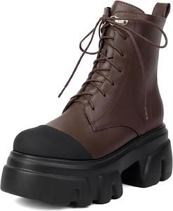 Женские кожаные ботинки на платформе с массивным каблуком, боковой молнией, дышащие, с круглым носком, противоскользящие, на высокой платформе, готические, с шнуровкой, ботильоны для улицы, в стиле панк, для мотоцикла BHDJK, Brown