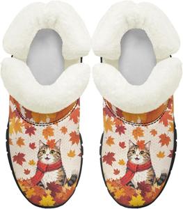 Ботинки на осень-зиму для девочек, большие и маленькие дети, противоскользящие зимние ботинки, с меховой подкладкой, на липучке, повседневные Pointodoor, Maple Leaf Cat