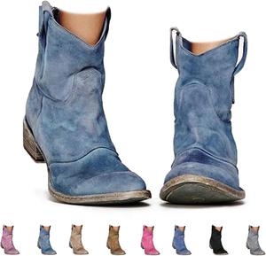 Женские ковбойские сапоги Западного стиля, мягкая кожа, низкий широкий каблук, ботильоны с круглым носком, модные ретро-сапожки средней высоты на осень и зиму Generic, Light Blue
