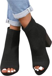 Женские сандалии на лето с открытым носком, вязаные, массивный каблук-блок, удобные, с легким надеванием, дышащие ботильоны-чулки на высоком каблуке, модные для женщин ZKXYFFS, 11 Black