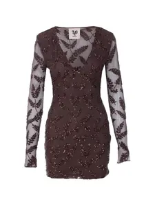 Мини-платье с длинными рукавами, вышивкой и пайетками Aniye By, коричневый