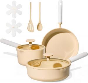 Carote Керамический набор посуды с антипригарным покрытием, 9 предметов, кастрюли и сковороды, нетоксичный и без PFAS, для посудомоечной машины, для кемпинга, сотейник с крышкой, желтый
