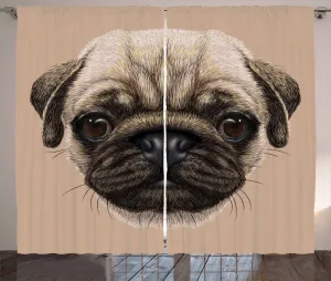 Штора ABAKUHAUS "Мопс" в деревенском стиле, с изображением собаки, животного, арт-дизайн, универсальная, с петлями и крючками, для гостиной, 280 x 225 см, светло-коричневый Abakuhaus