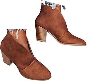 Женские платьевые ботинки из мягкой кожи, однотонные, глубокий вырез V, заостренный носок, массивный каблук, на платформе, слипоны, ботильоны на зиму и осень, короткие Generic, Brown