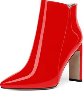 Женские ботильоны FEMSTEP с молнией, лакированные, для вечеринок, с заостренным носком, на массивном каблуке, высотой до щиколотки, каблук 10 см, Red