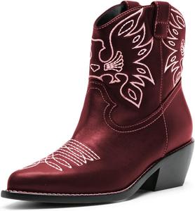 Женские ботильоны Maiyang с заостренным носком, вышивкой, на толстой низкой подошве, ретро стиль, удобные короткие ковбойские ботинки, размеры 4-16 US, Wine Red