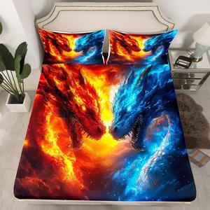 Erosebridal Комплект постельного белья Ice Fire Dragon с принтом диких животных и аниме тематикой, Red Orange